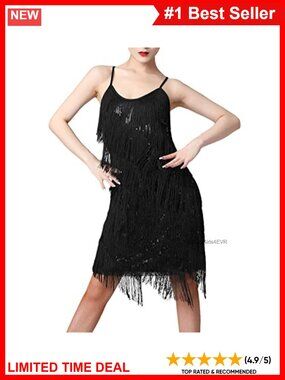 Sequin Tassel Latin Dance Dress Spaghetti Strap Salsa Ballroom Costume